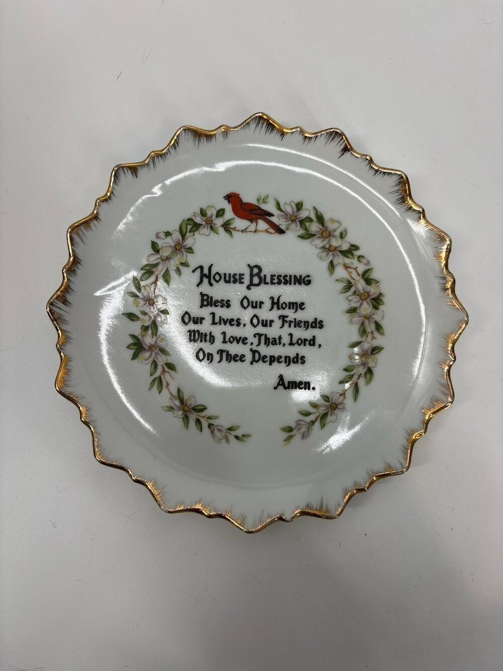 Vintage HOUSE BLESSING Wall Plate Decor Cardinal Gold Trim 7”